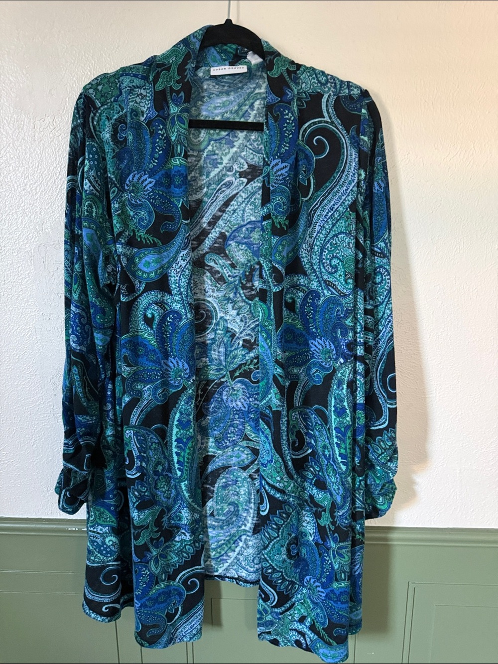Susan Graver Blue Paisley Open-Front Women's Cardigan